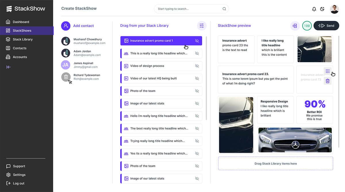 Drag and drop your library to create a hyper-personalized micro site for contacts